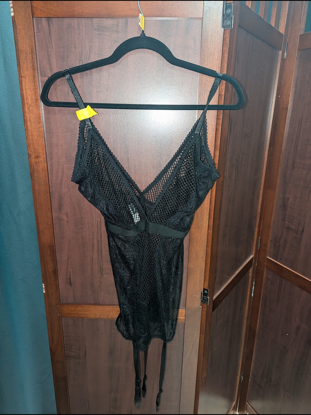Forplay Black Lace & Mesh Chemise with Garter Straps
